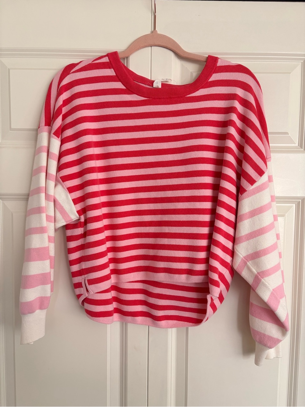(Anthropology)Striped Crewneck Sweater in Red and Pink 1X